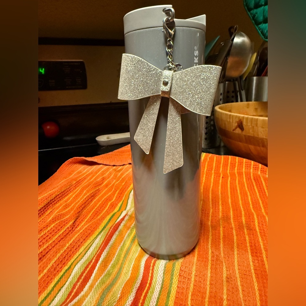 Starbucks Metallic Silver Glitter Bow Charm Insulated Tumbler Limited Edition